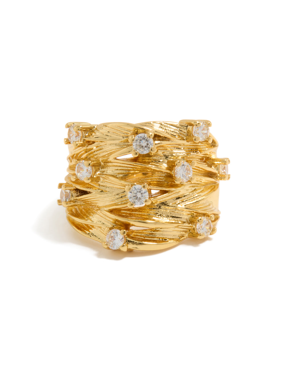 Designed with gold plated chunky lined statement styling front view
