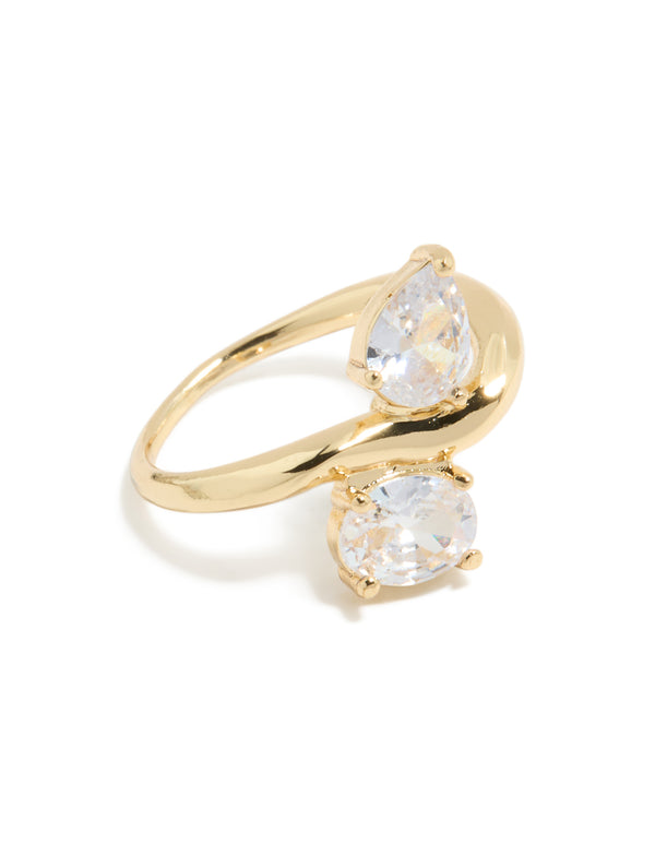 Gold Plated Modern Double  Clear Cubic Zirconia Ring