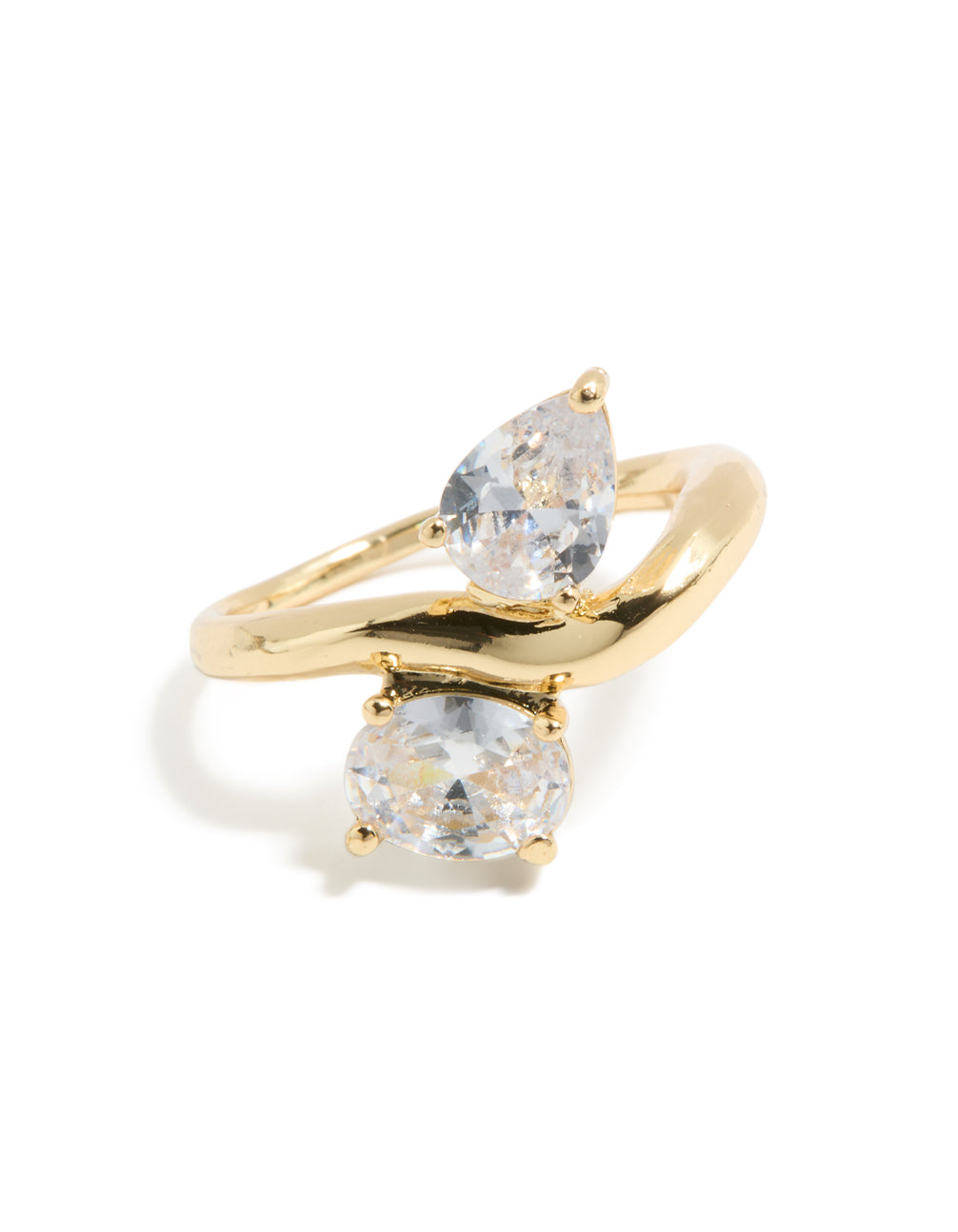 Presenting a gold plated modern double clear cubic zirconia ring with statement design front view