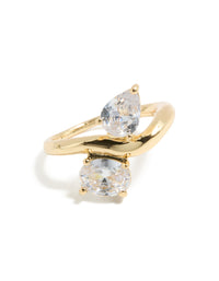 Presenting a gold plated modern double clear cubic zirconia ring with statement design front view - link has visual effect only