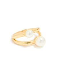 Elegant waterproof gold plated stainless steel pearls split band ring front view - link has visual effect only