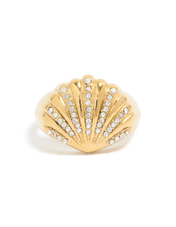 Waterproof gold plated stainless steel shell large ring with ocean-inspired in chunky style front view