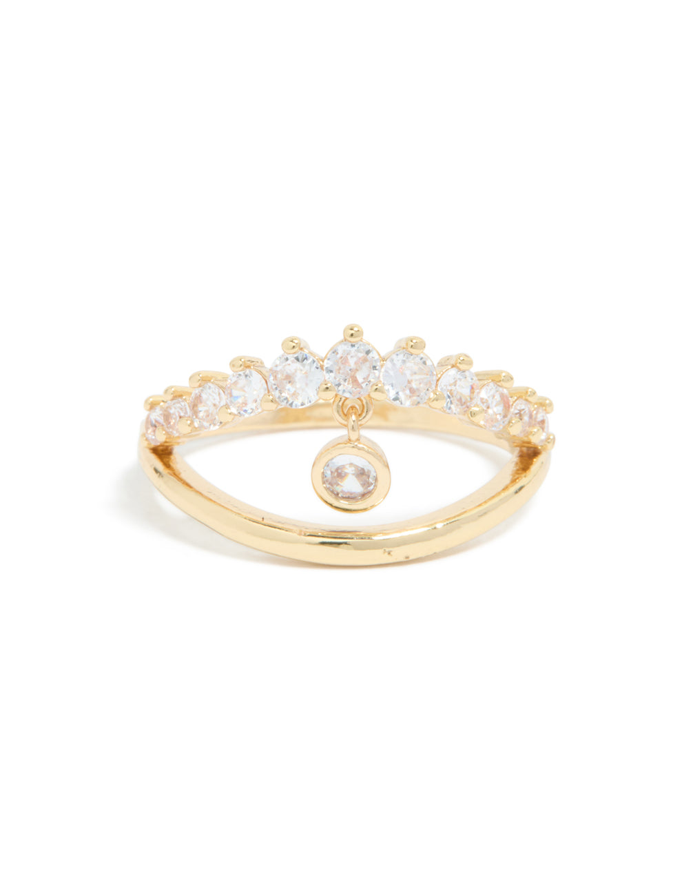 A gold plated cubic zirconia split charm ring featuring clear stones front view