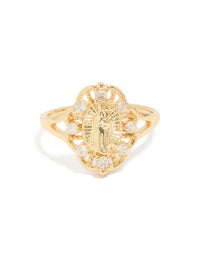 Gold Plated Diamante Mother Mary Motif Ring - link has visual effect only
