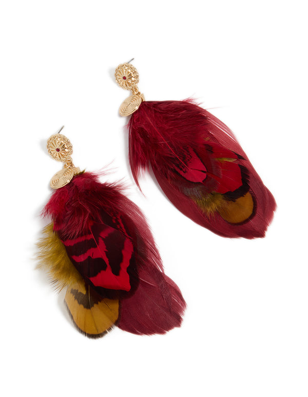 Gold Hot Pink & Yellow Feather Drop Earrings