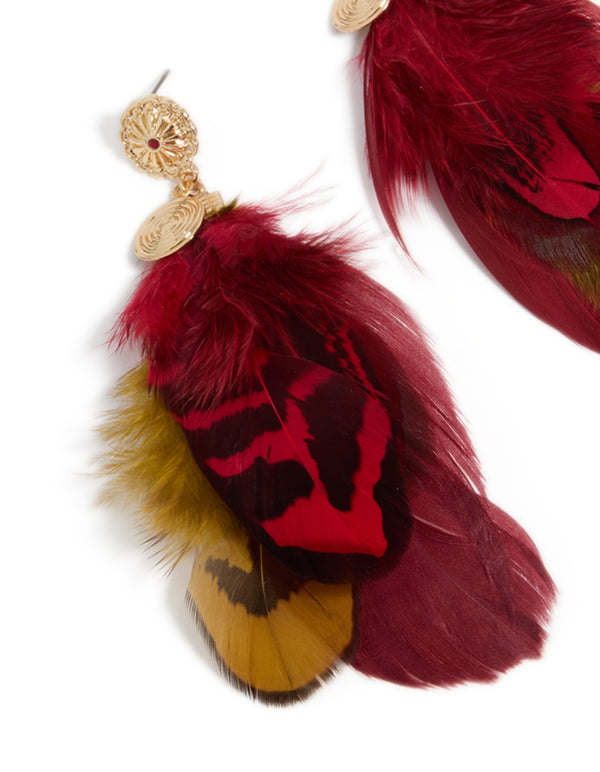Gold Hot Pink & Yellow Feather Drop Earrings