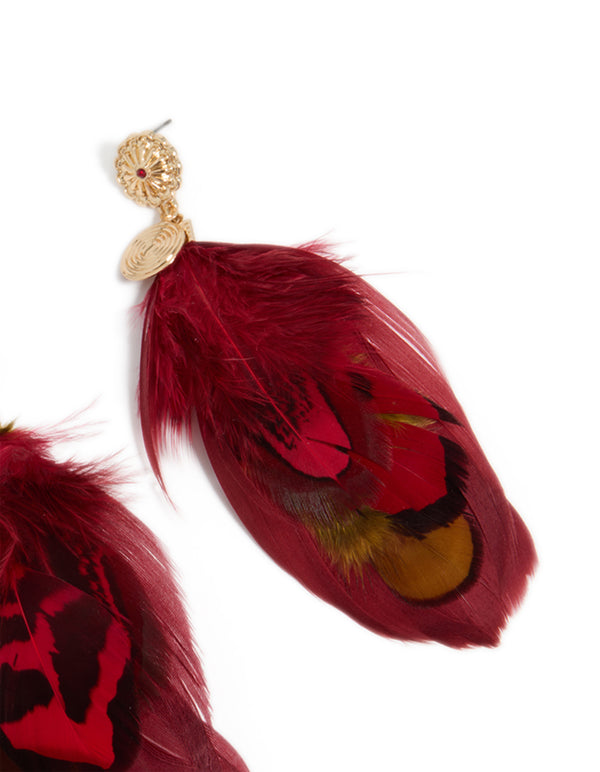 Gold Hot Pink & Yellow Feather Drop Earrings