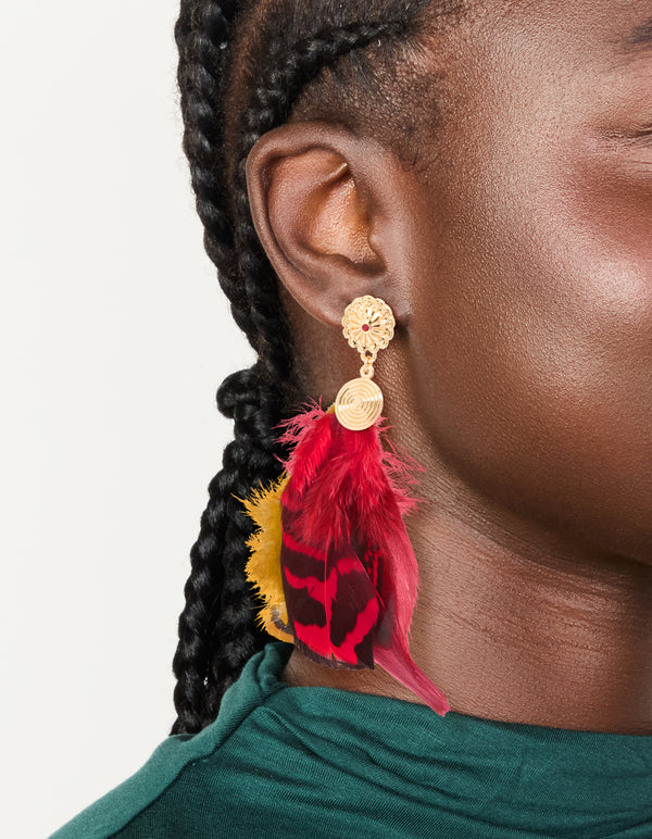 Gold Hot Pink & Yellow Feather Drop Earrings