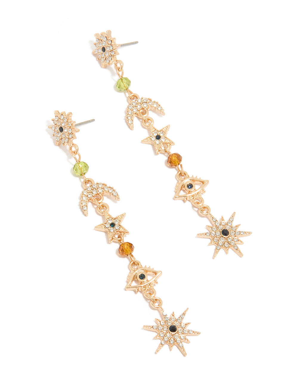 Stunning statement gold beaded and diamante celestial drop earrings featuring charm details with evil-eye accents front view