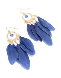 Gold Dark Blue Feather Dreamcatcher Earrings - link has visual effect only