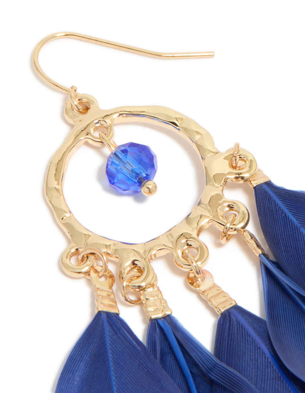 Highlighting statement dreamcatcher earrings with beads, charms, and dark blue feathers in a gold finish post detail view