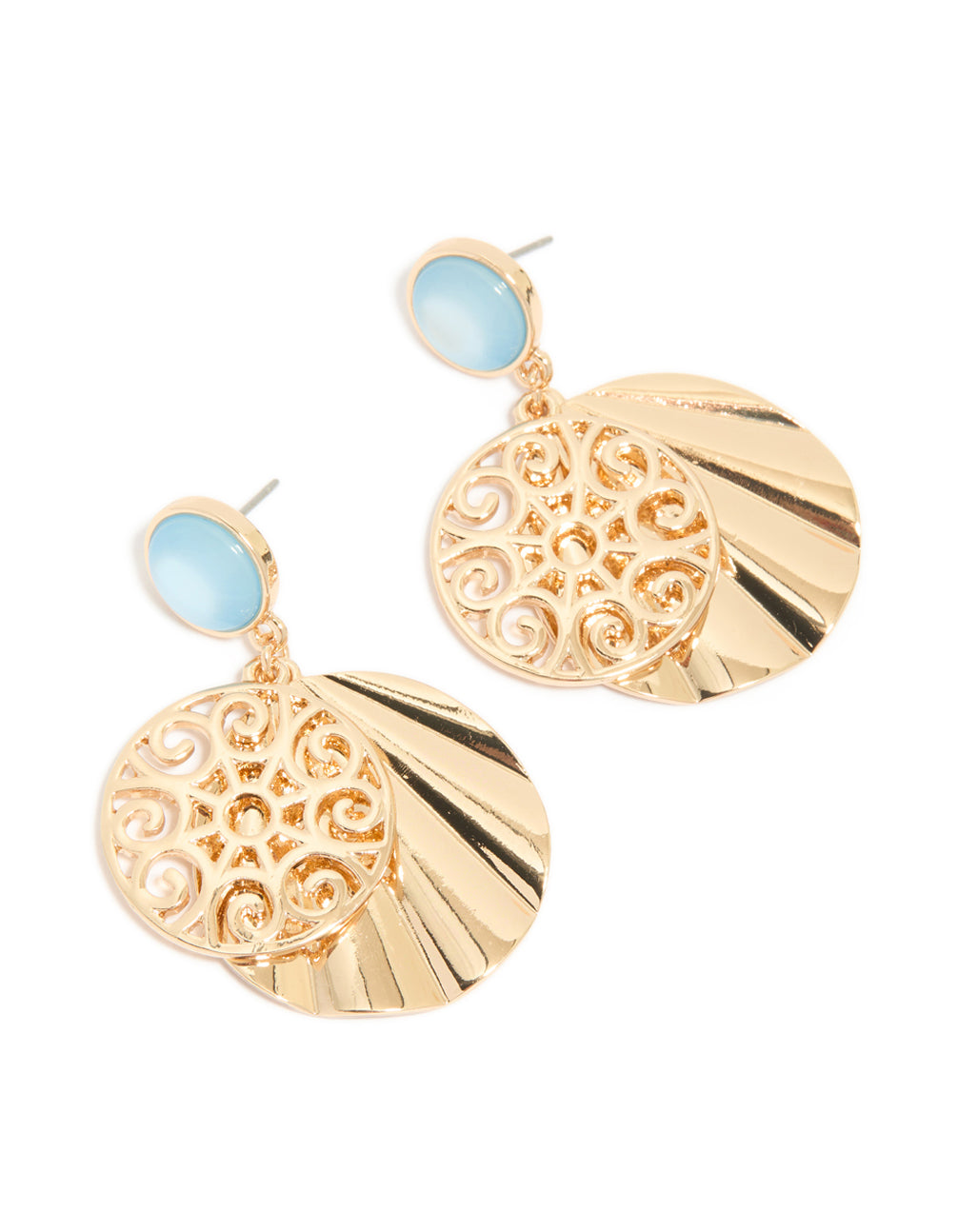 Displaying gold blue circle and swirl drop earrings featuring light sky blue accents and statement style front view