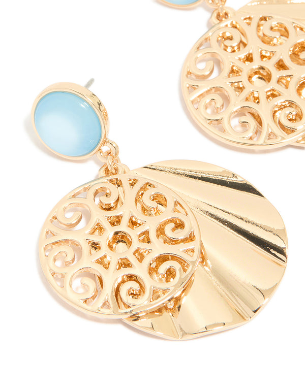 Gold Blue Circle & Swirl Drop Earrings