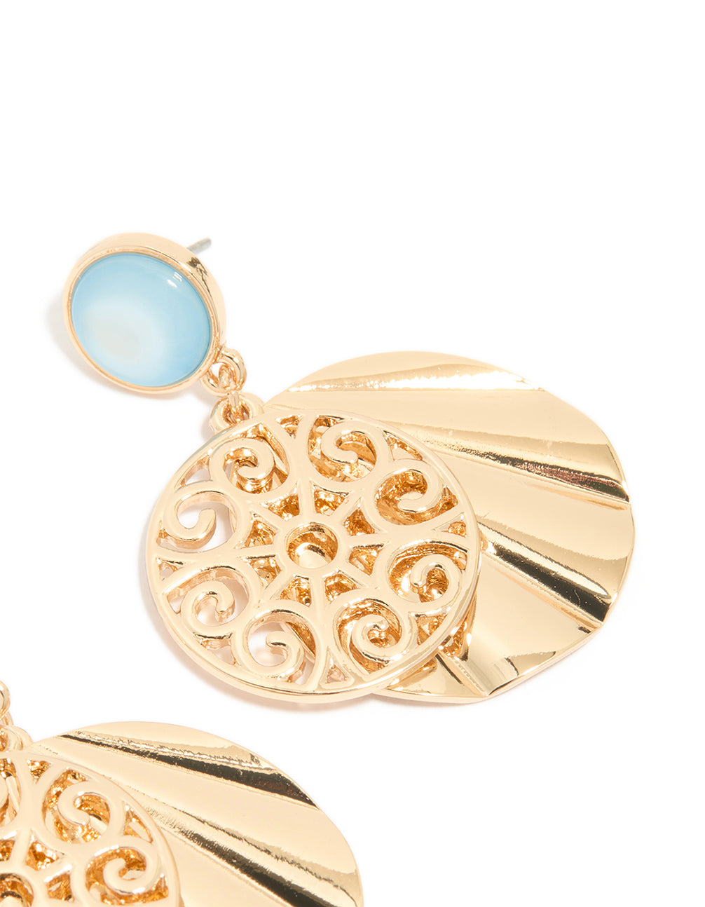 Beautifully crafted gold blue circle and swirl drop earrings featuring light sky blue accents and statement style post detail view