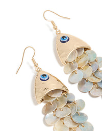 Featuring gold evil eye fish drop earrings with animal and ocean inspired charm in statement style close up view - link has visual effect only