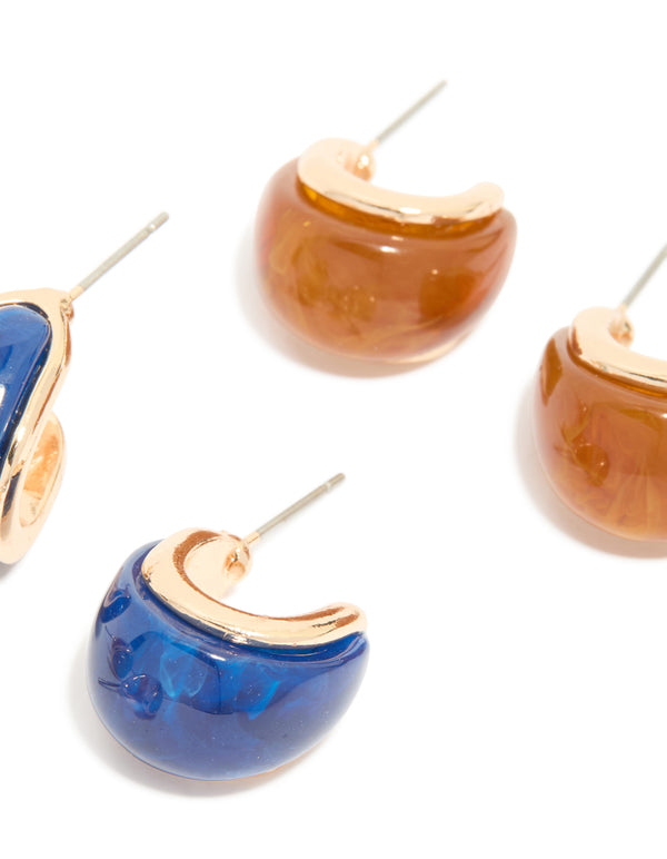 Gold Blue & Brown Enamel Bubble Hoop Earrings 3-Pack