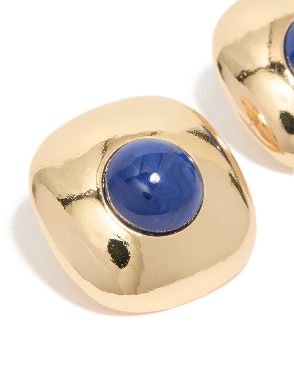 Gold Dark Blue Acrylic Medallion Stud Earrings