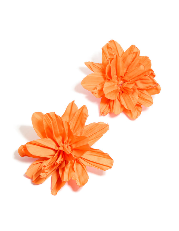 Orange paper flower petal earrings with statement floral pattern front view