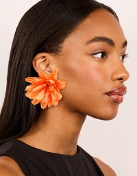 Featuring orange paper flower petal earrings with statement floral pattern on model view - link has visual effect only