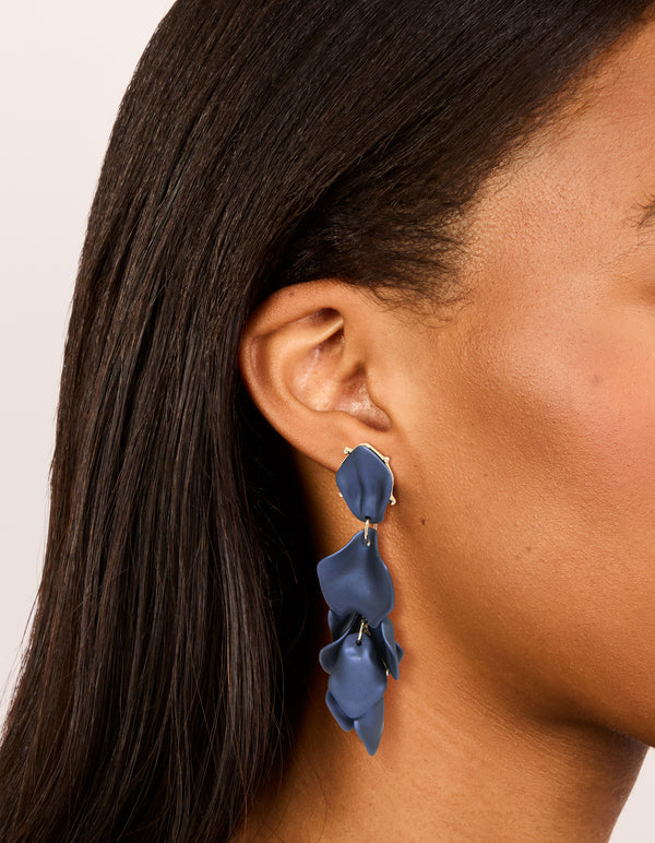 Navy Blue Coated Metal Flower Petal Drop Earrings