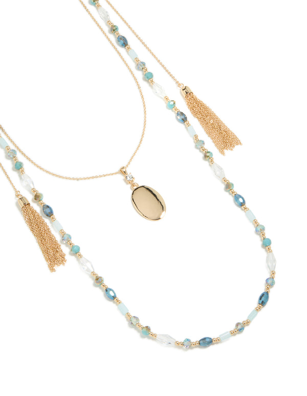 Gold Tassel & Blue Beaded Layered Necklace