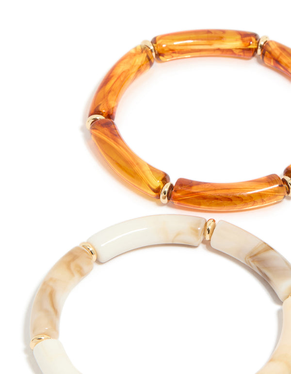 Gold Long Blue & Orange Acrylic Stretch Bracelets 5-Pack