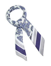 Elegant white and blue fabric scarf featuring paisley print in royal blue, front view - link has visual effect only