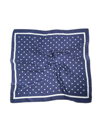 Featuring a navy and white polka dot fabric square bordered scarf front view - link has visual effect only