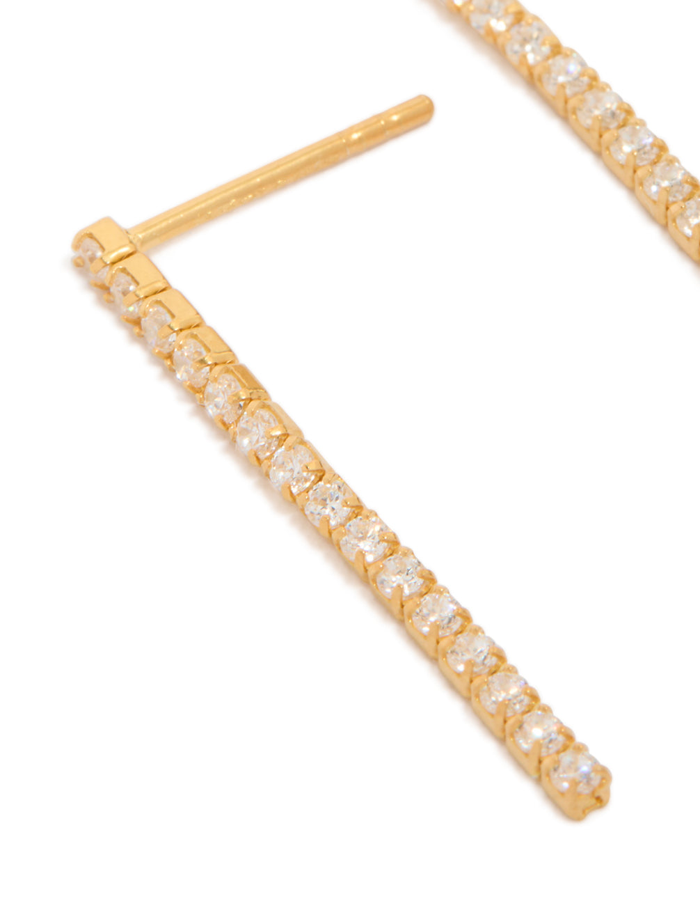 Elegant drop earrings crafted from gold plated sterling silver featuring cubic zirconia close up view