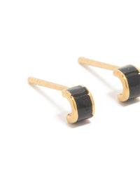 Elegant tiny gold plated sterling silver stud earrings featuring black enamel close up view - link has visual effect only