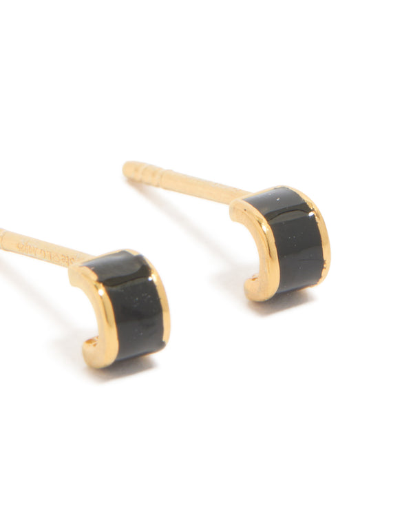 Crafted from gold plated sterling silver with tiny black enamel stud earrings post detail view