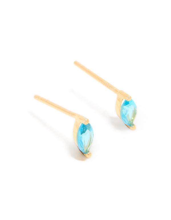 Showcasing gold plated sterling silver earrings with marquise cut blue cubic zirconia stones in aqua front view
