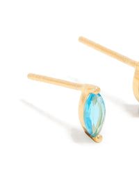 Detailed view of marquise cut aqua cubic zirconia set in gold plated sterling silver stud earrings close up view - link has visual effect only