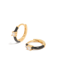 Discover gold plated sterling silver cubic zirconia and black enamel huggie earrings in a hoop closure front view - link has visual effect only