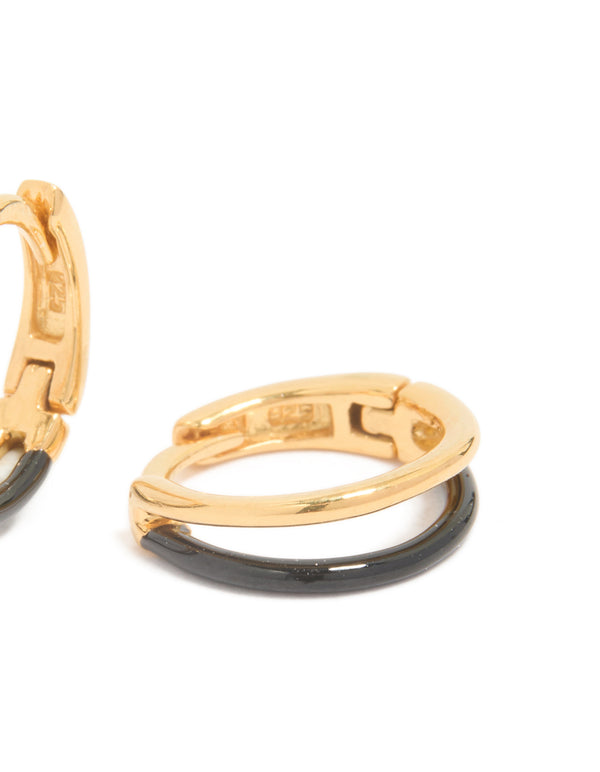 Presenting gold plated sterling silver and black enamel double hoop earrings post detail view