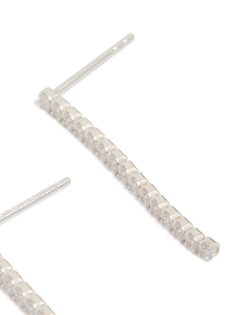 Featuring sterling silver cubic zirconia drop earrings design in clear stone post detail view