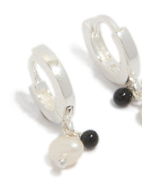 Sterling Silver Pearl & Black Stone Drop Huggie Earrings - link has visual effect only