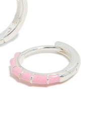 Highlighting sterling silver pink enamel bamboo huggie earrings with hoop closure post detail view - link has visual effect only