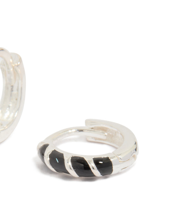 Sterling Silver Black Striped Enamel Huggie Earrings