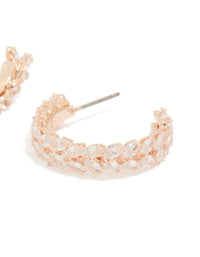 Close examination of cubic zirconia medium leaf hoop earrings in rose gold plated construction with post closure post detail view - link has visual effect only