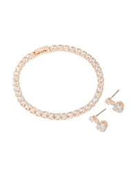 Rose Gold Plated Round Cubic Zirconia Drop Earrings & Tennis Bracelet Set - link has visual effect only