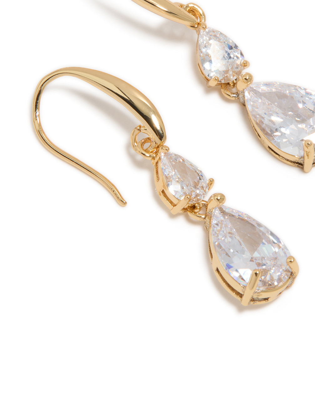 Detailed view of gold plated cubic zirconia triangular drop hook earrings showcasing craftsmanship close up view