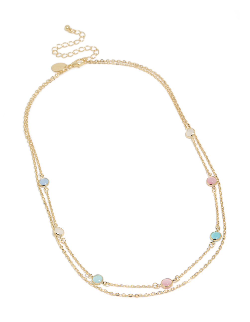 Beautiful gold plated layered necklace with pink and blue stones details in a statement style front view