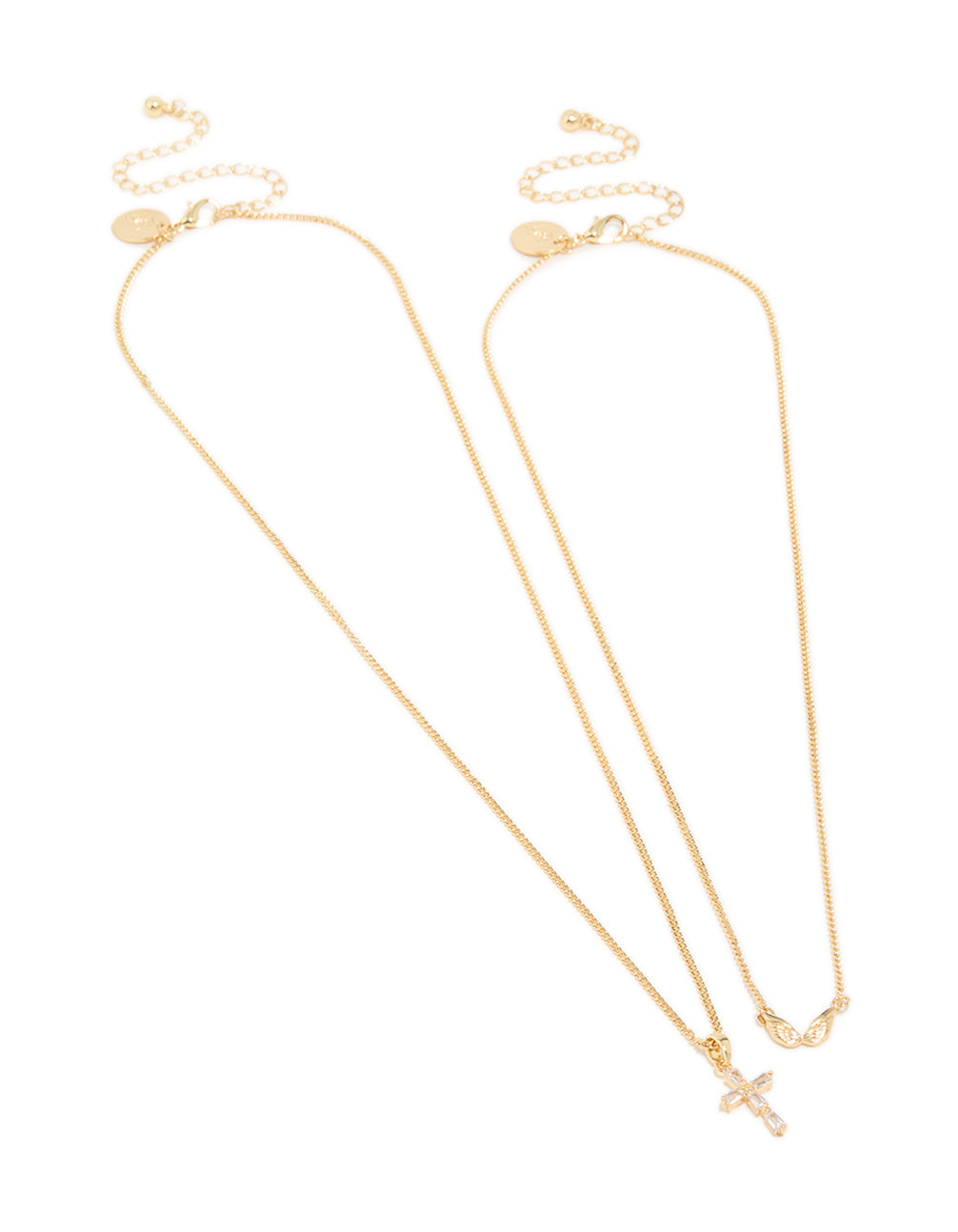 Elegant angel wing and diamante cross necklaces in a 2-pack, featuring gold plated material with pendant detail, front view