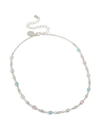 Elegant pink and blue cubic zirconia mixed oval necklace in silver plated metal front view - link has visual effect only