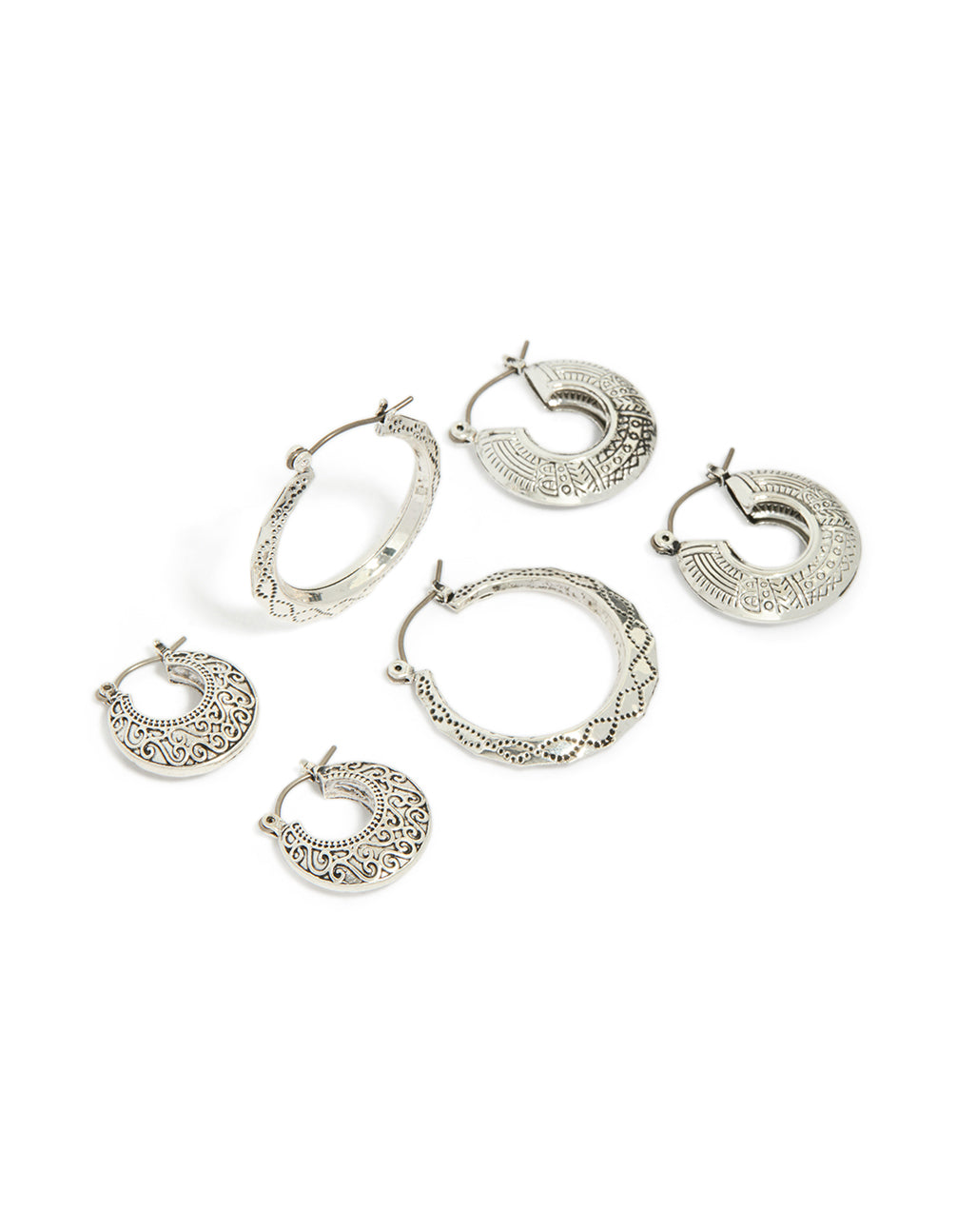 Showcasing antique silver textured edged hoop earrings in a 3-pack with a front view