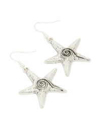 Beautifully crafted antique silver swirl starfish hook earrings featuring ocean details in a front view - link has visual effect only
