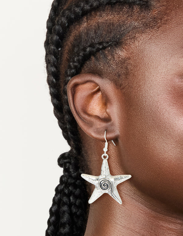 Antique Silver Swirl Starfish Hook Earrings