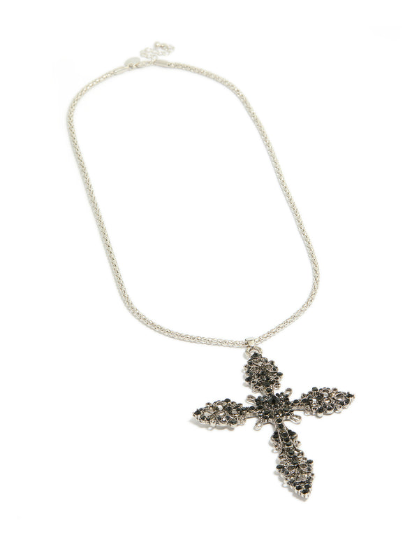 Silver Black Diamante Cross Pendant Necklace