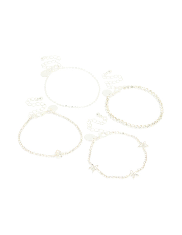 Silver Diamante Flower & Chain Bracelets 4-Pack